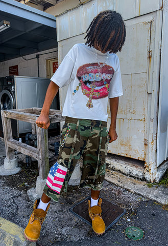 Americana Camo Pleated Rhinestone Shorts - Hover